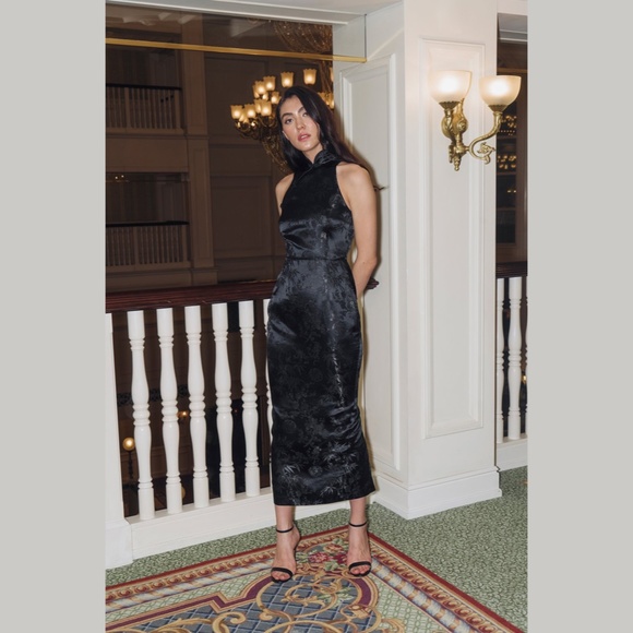 ✨sold✨ sau lee • jill chinese jacquard cheongsam high neck midi pencil dress - Picture 3 of 10